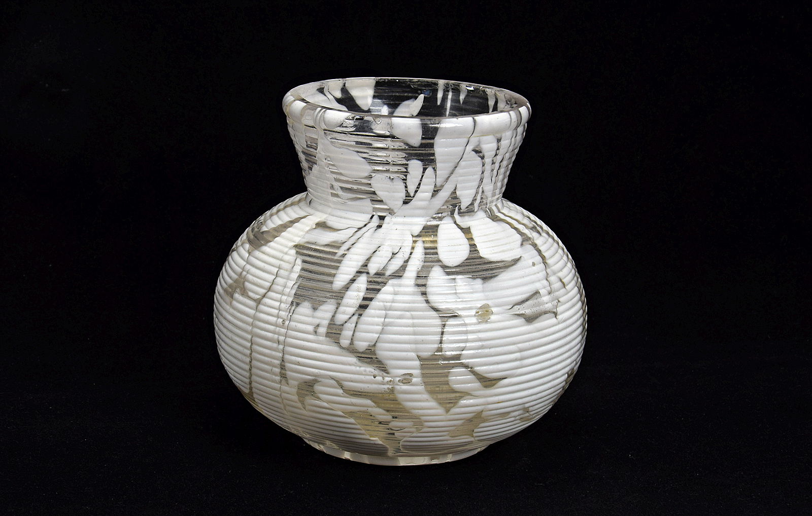 Sowerby marble glass, bulbous vase with horizontal ribbing in clear glass with white marbling