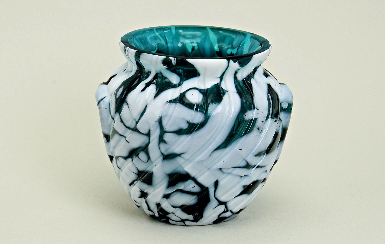 Sowerby marble glass, translucent blue vase with white marbling