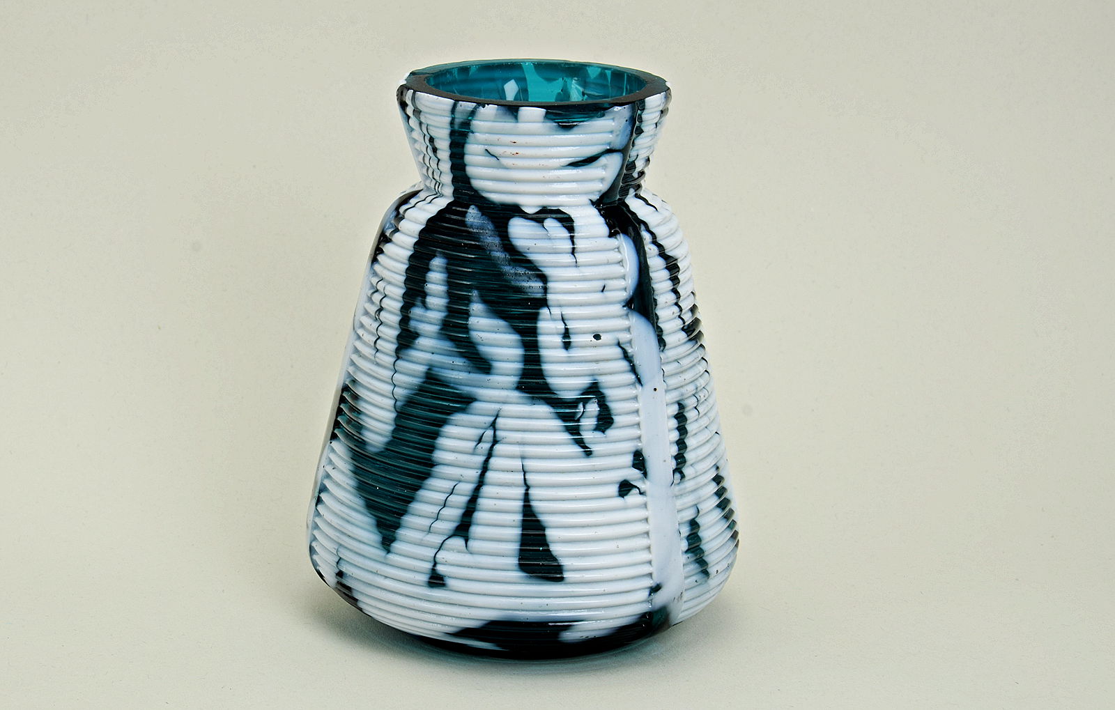 Sowerby marble glass, translucent blue vase with white marbling, horizontal ribbing and 3 vertical ribs