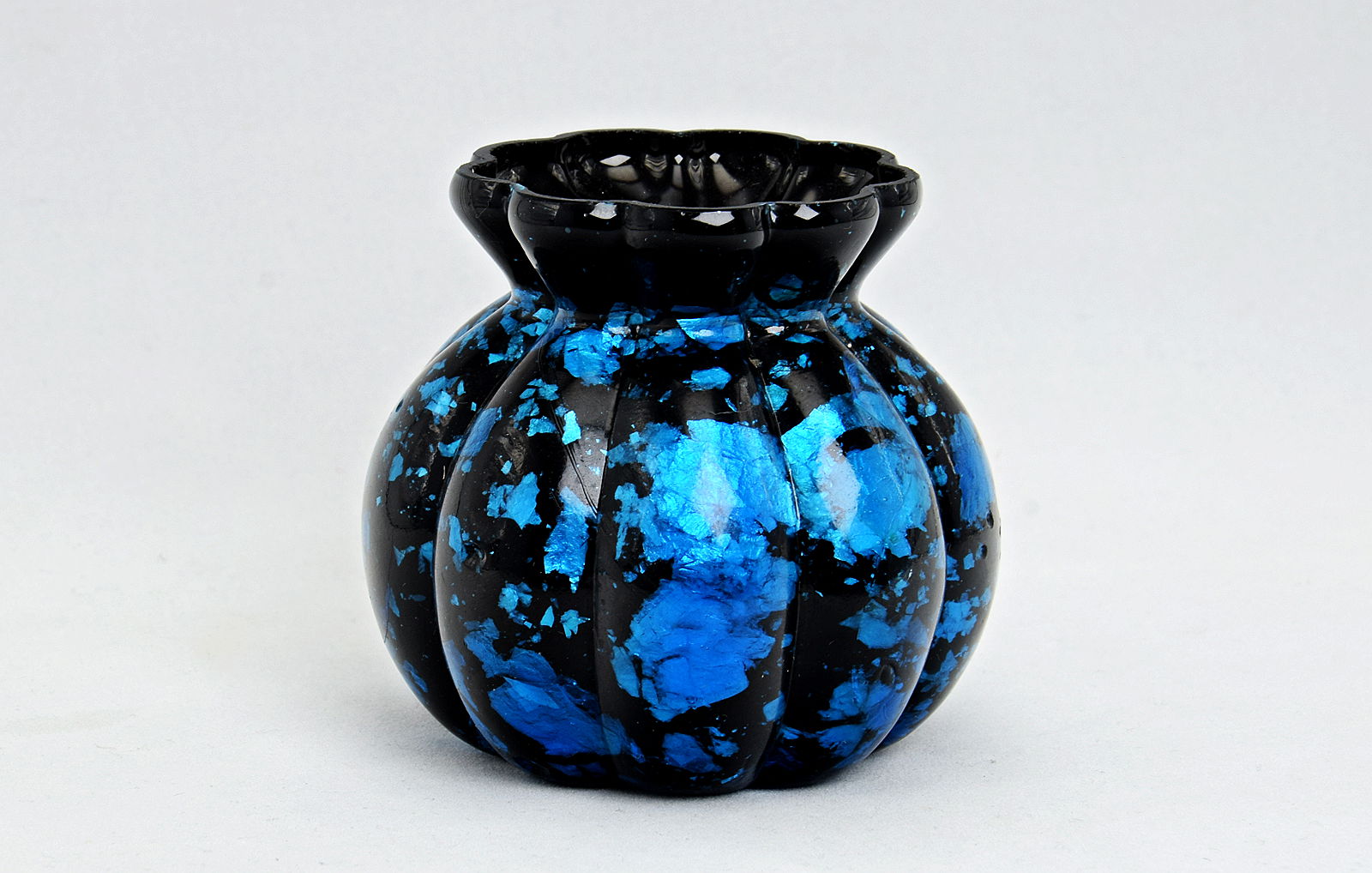 Sowerby nugget glass, small blown blue glass pumpkin vase with mica inclusions