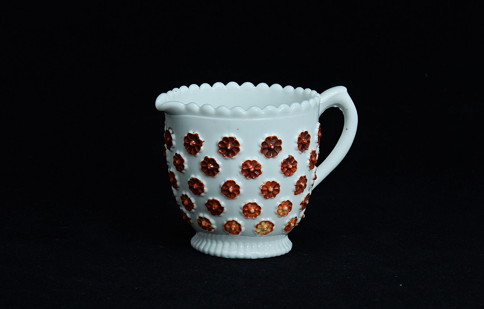 Sowerby opal white, cream jug decorated with flowers, flowers picked out in brick red enamel