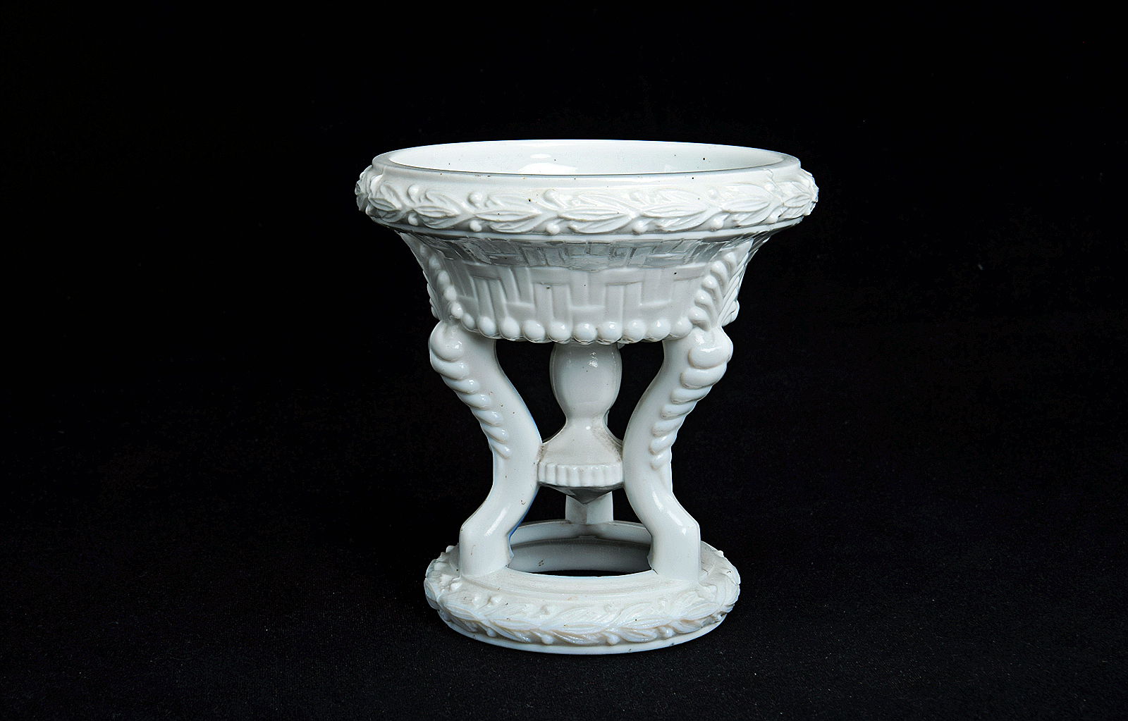 Sowerby opal white, 3 footed pin tray in form of a font