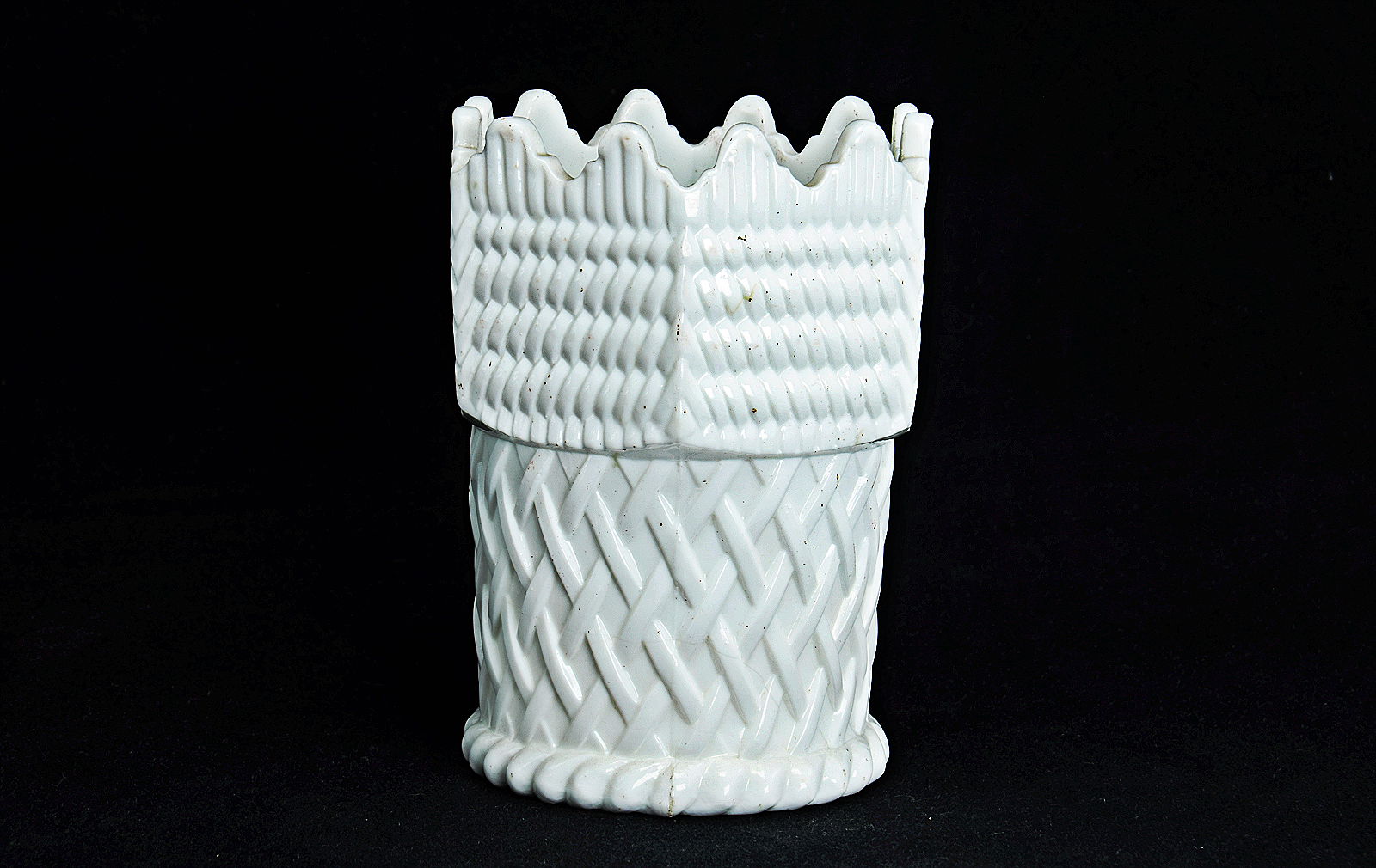 Sowerby opal white, vase with basket weave pattern and castellated top