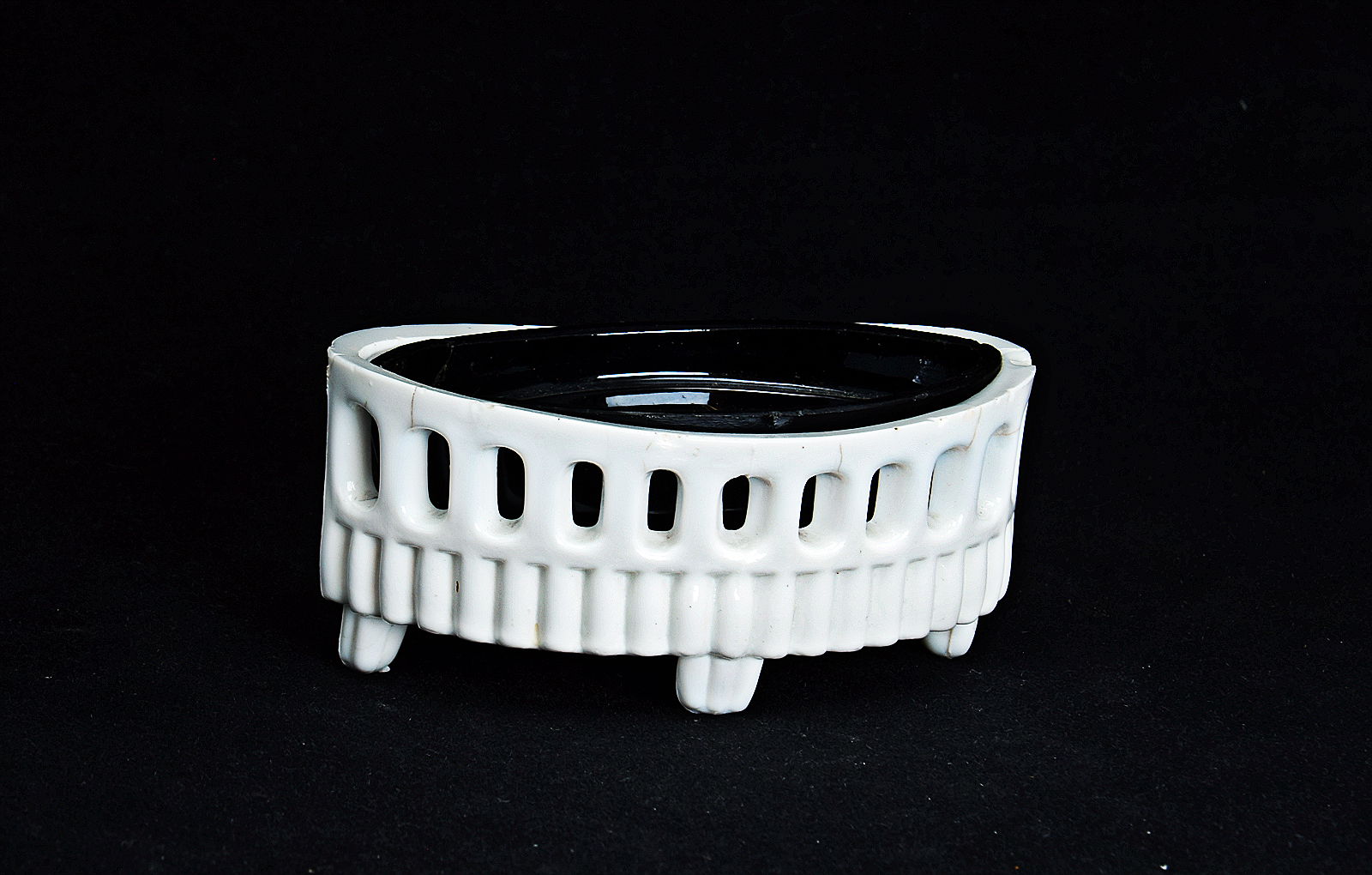 Sowerby opal white, salt with reticulated piercing below rim, 4 feet and black inner liner