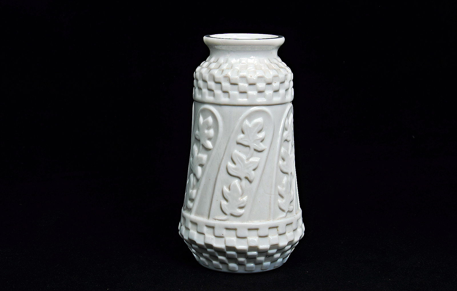 Sowerby opal white, blown vase decorated with leaves