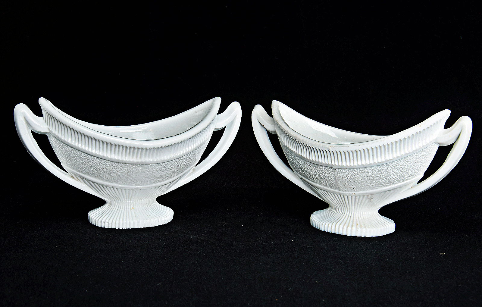 Sowerby opal white, pair boat shaped neo-classical salts