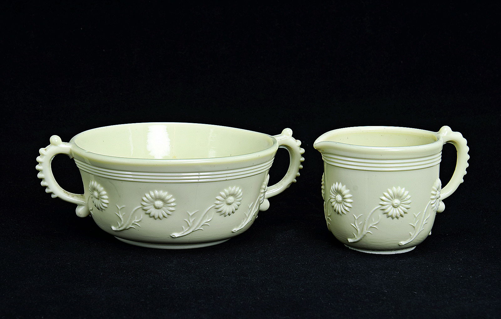 Sowerby Ivory Queensware, small sugar and cream with daisy decoration