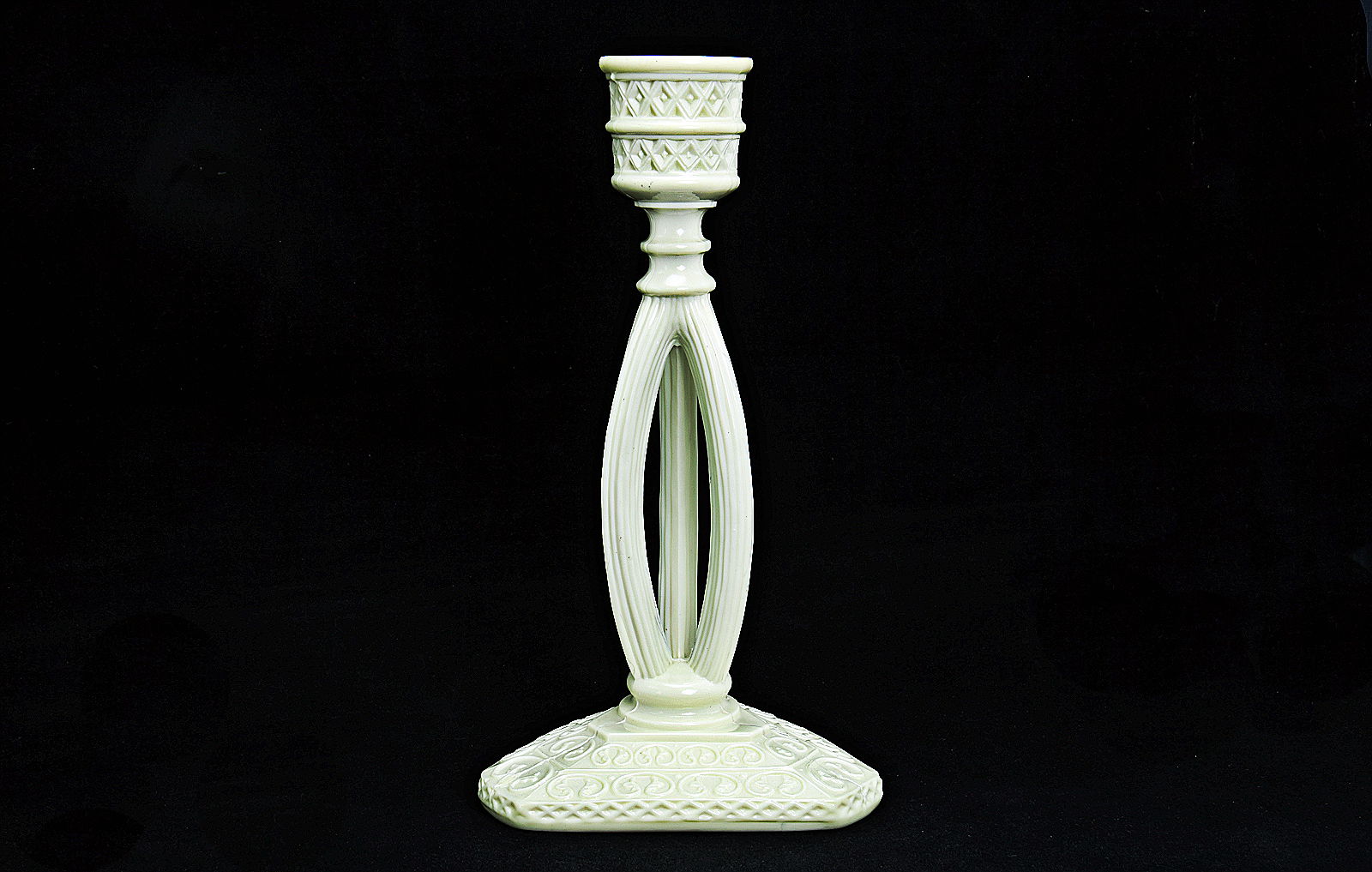Sowerby Ivory Queensware, candlestick with 3-way column, triangular base and Celtic decoration