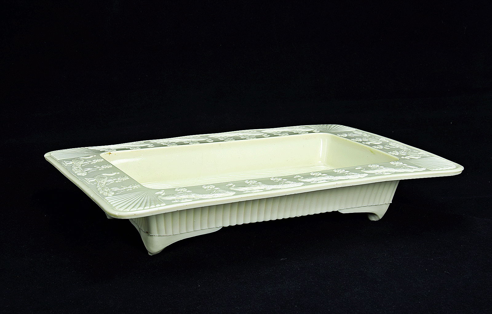 Sowerby Ivory Queensware, 4 footed tray with peacock frieze and peacock feather base decoration