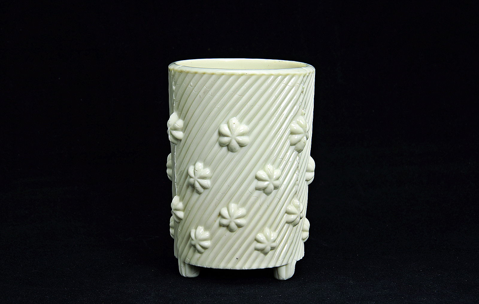 Sowerby Ivory Queensware, cylindrical vase on 3 feet with wrythen decoration and flower prunts