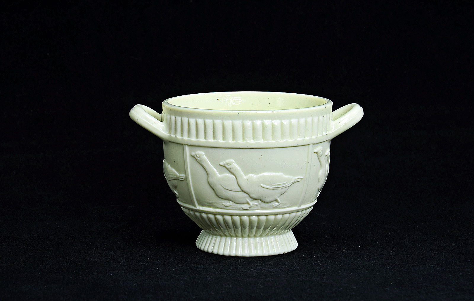 Sowerby Ivory Queensware, small vase with 2 handles and Walter Crane geese decoration