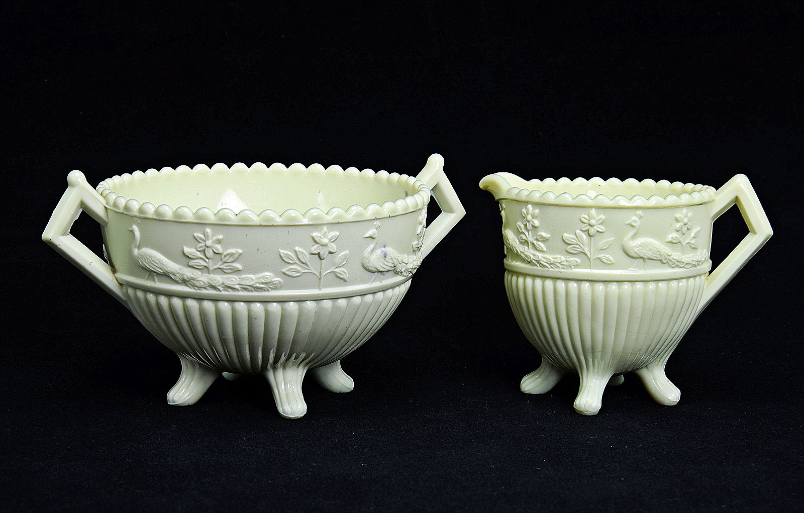 Sowerby Ivory Queensware, sugar and cream with peacock decoration