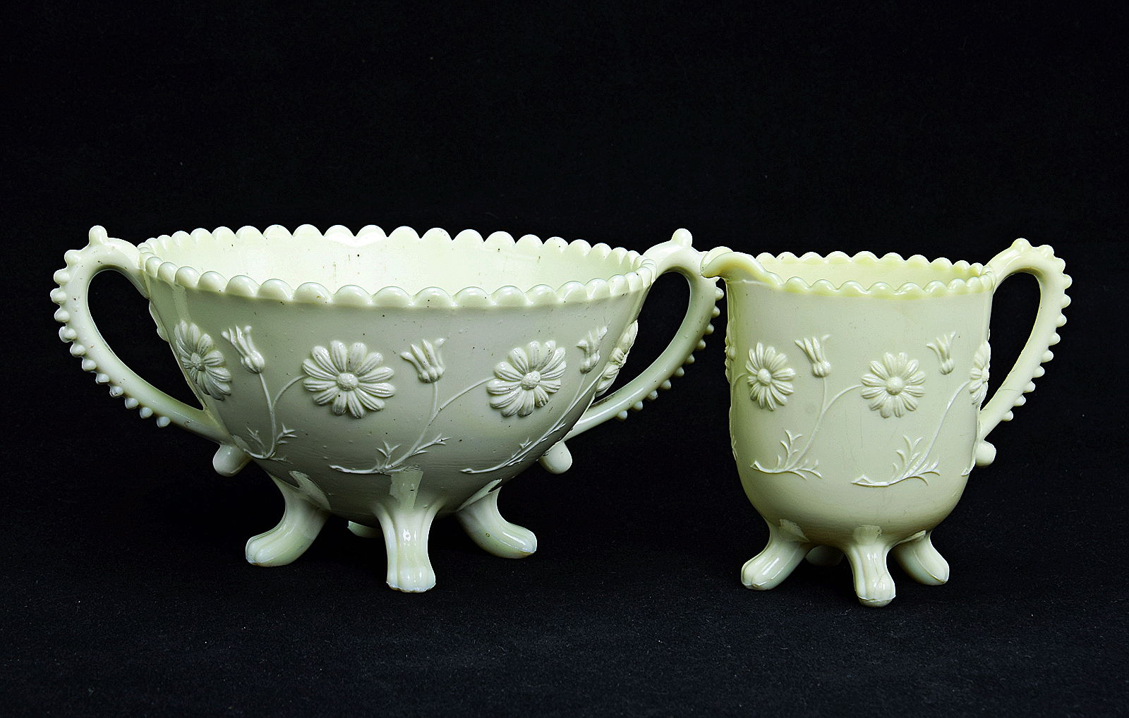Sowerby Ivory Queensware, sugar and cream with daisy decoration