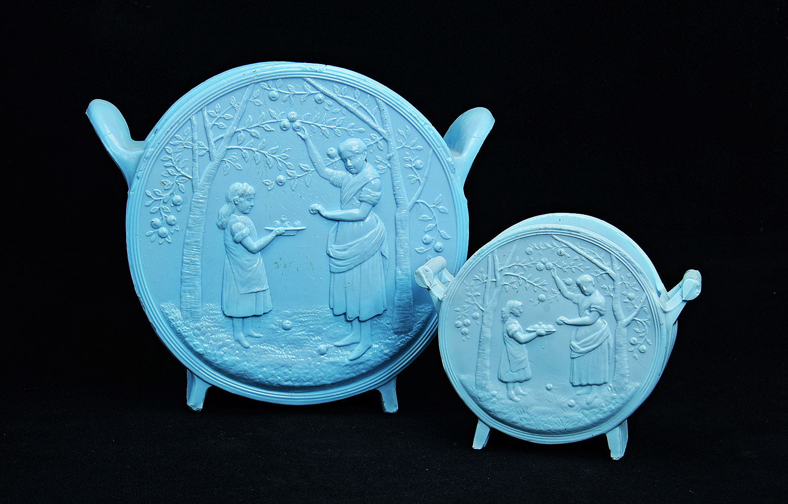 Sowerby turquoise blue, Nursery Rhyme, 2off 2 handled vases, Picking Apples