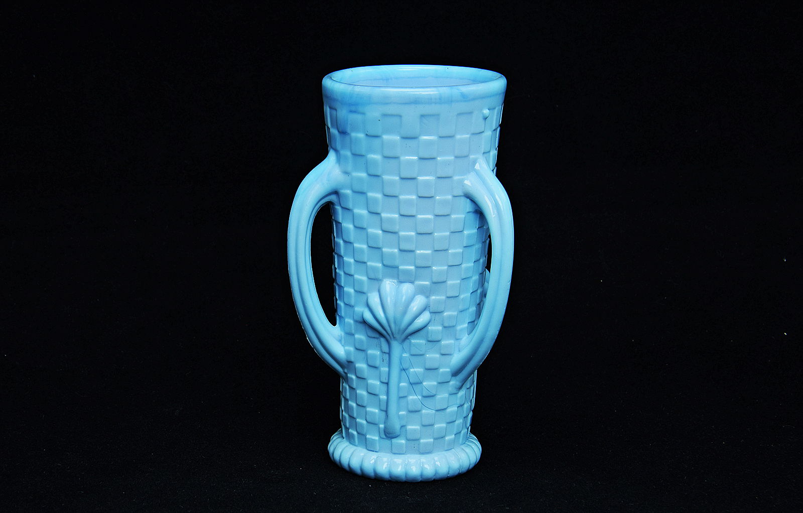Sowerby turquoise blue, small 3-handled vase with squares decoration and fan motif