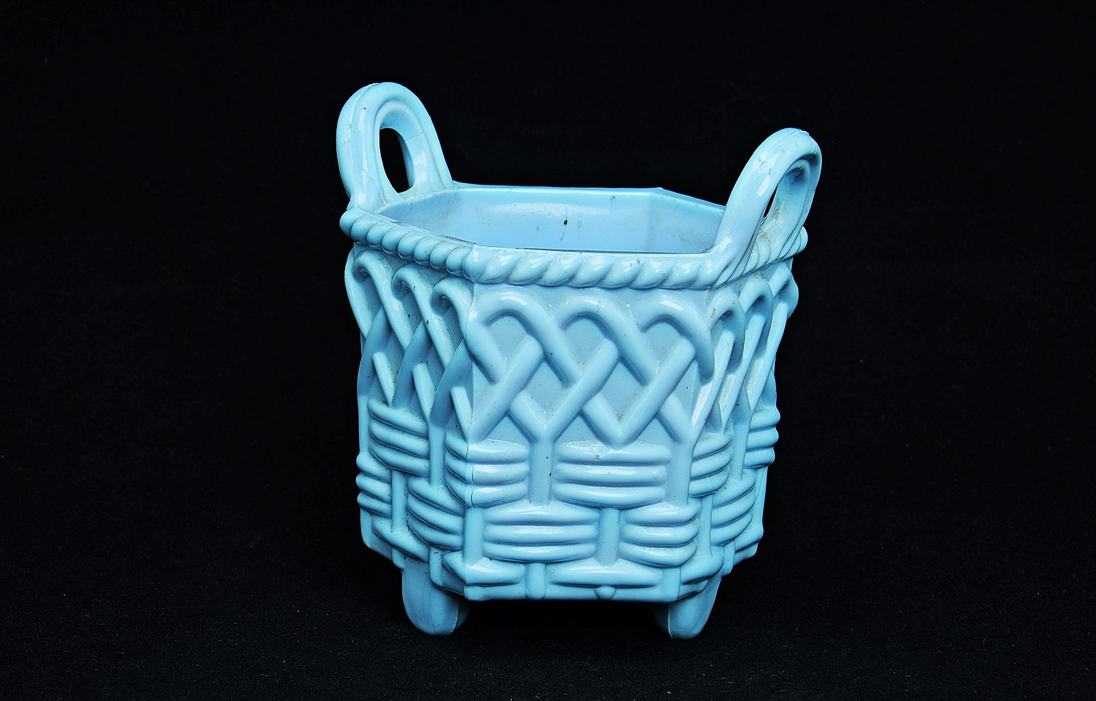 Sowerby turquoise blue, 6 sided vase with 3 feet, 2 handles and basket weave pattern