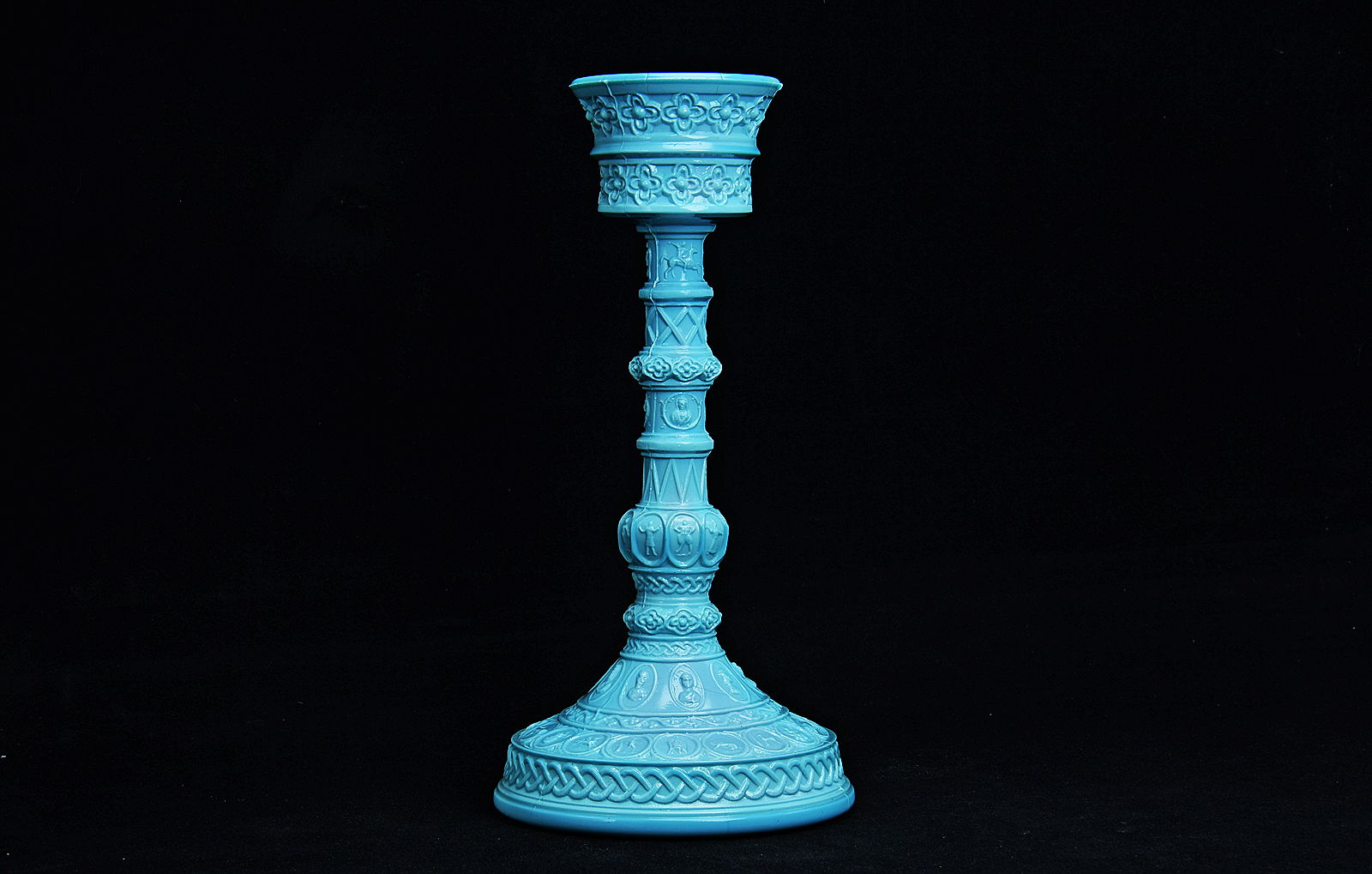Sowerby turquoise blue, candlestick with Celtic and Romanesque decoration