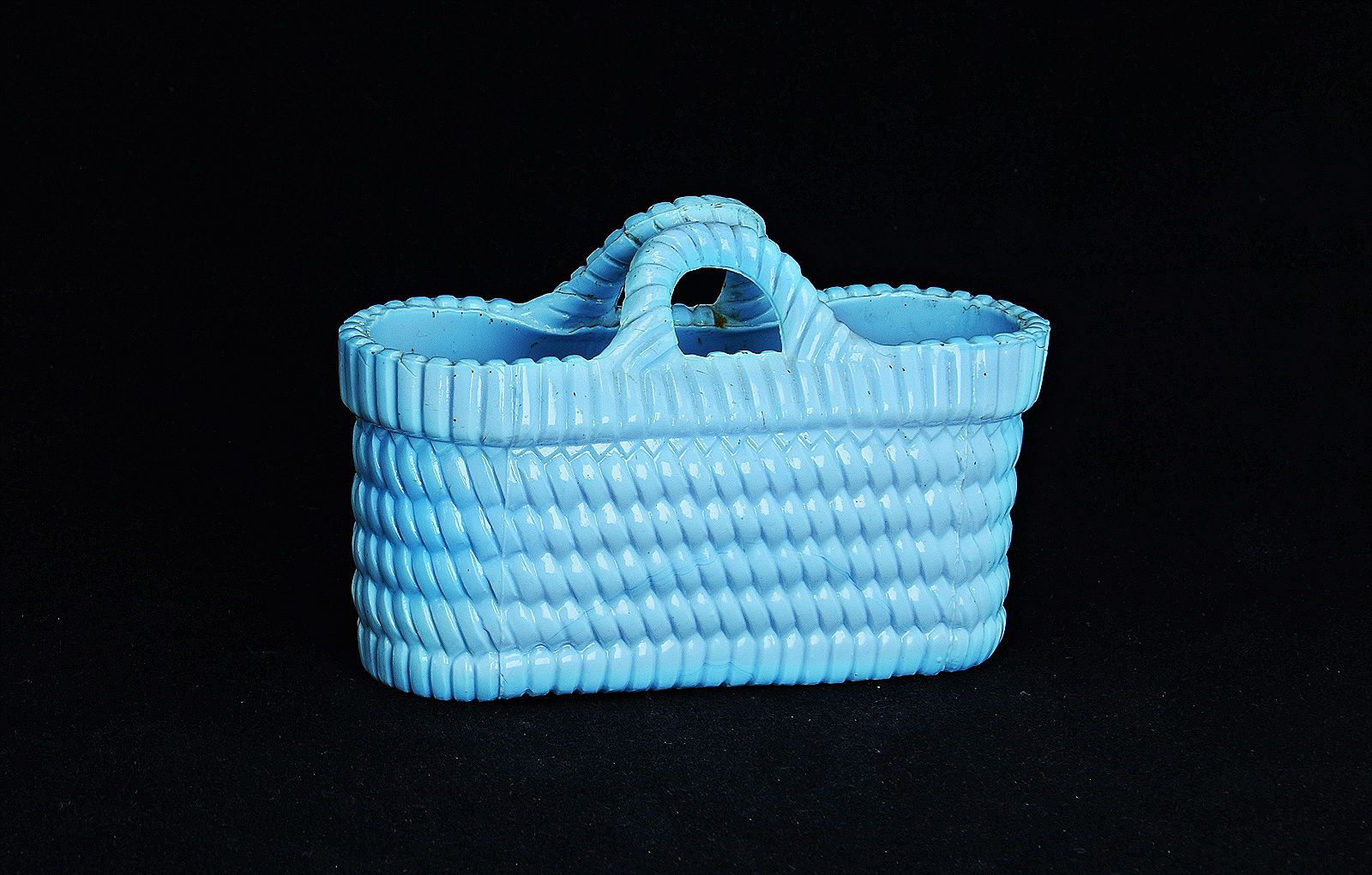 Sowerby turquoise blue, 2 handled, oblong basket weave posy